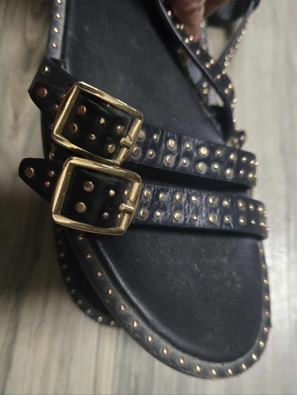 Zara Black Leather Studded Double-Buckle Sandals Size 39 8.5 - Picture 2 of 4